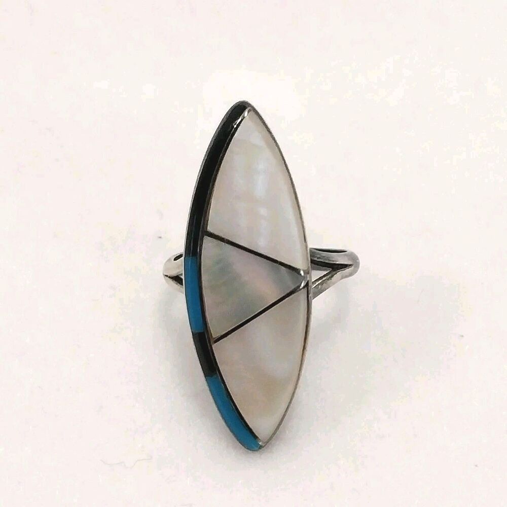 Vintage Ring Size 7 Mother of Pearl Turquoise Onyx Sterling Silver #J035